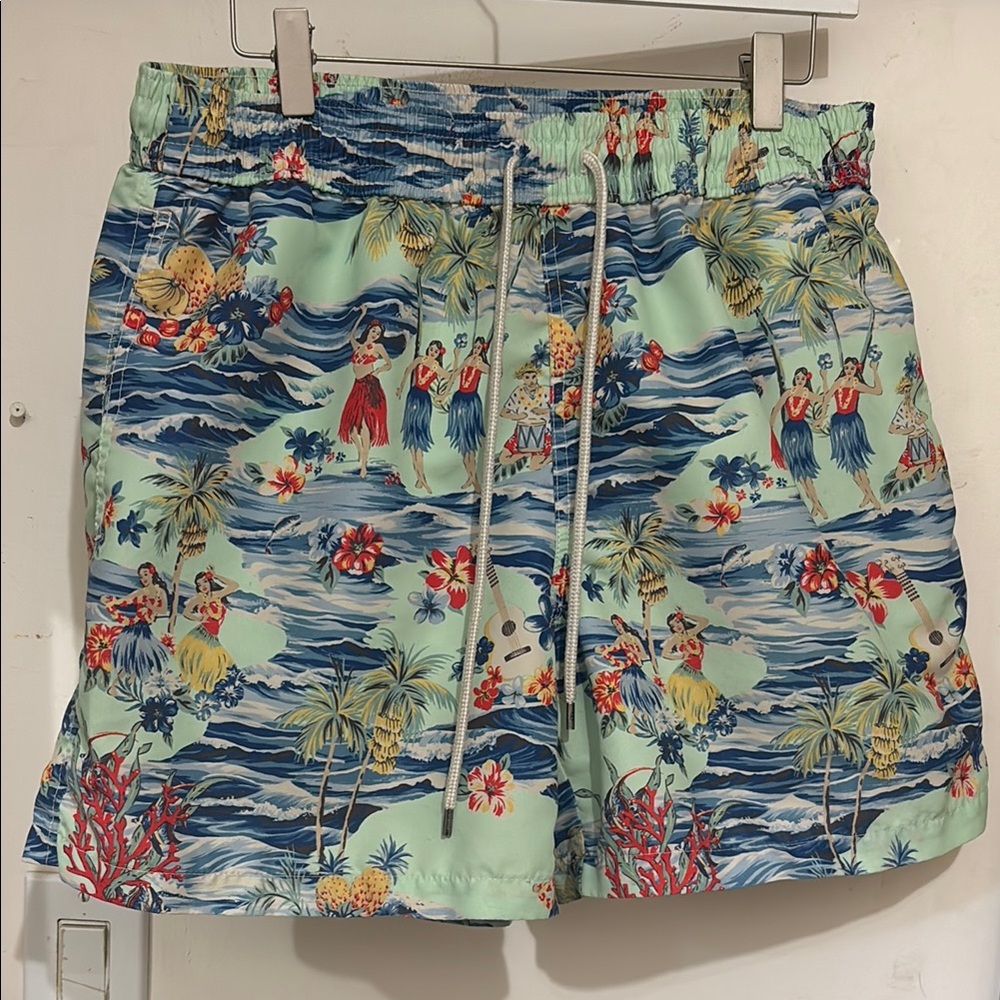 Polo by Ralph Lauren Blue and Green Swim Trunks with Tropical Print